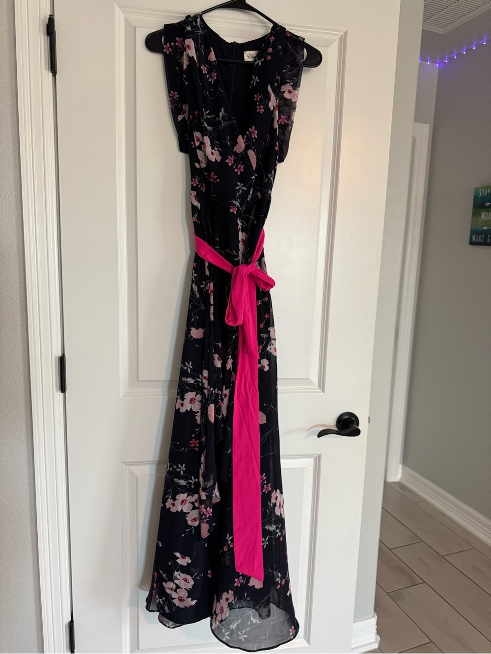 Eliza J Navy Floral Wrap Dress with Hot Pink Sash - Picture 2 of 5